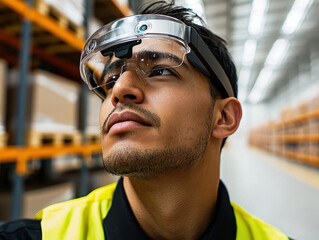 Augmented reality worker in warehouse wearing smart glasses