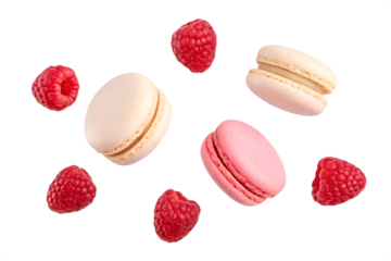 Flying falling raspberry and macarons isolated on transparent or white background, png