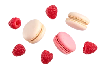 Selbstklebende Fototapeten Flying falling raspberry and macarons isolated on transparent or white background, png © Foto Fusion