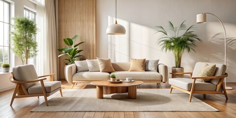 Fototapeta premium Minimalist Living Room Design: Organic Shapes & Natural Textures | Modern Home Decor Inspiration