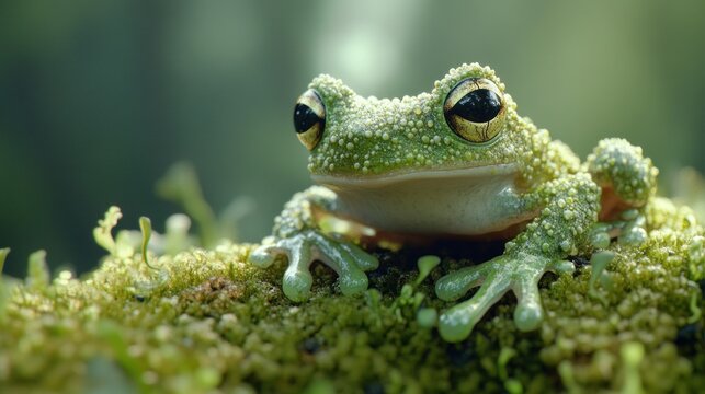 Green Tree Frog on Mossy Log