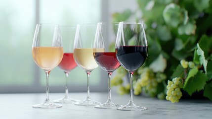 Fototapeta premium Five wine glasses filled with red, white, and rosé wines stand in a row on a table next to fresh green grapes during a daytime tasting.