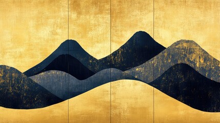 Contemporary artistic Japanese style ukiyoe with black mountain curves on a gold background, folding screen atmosphere, abstract, elegant, delicate, luxurious, retro dramatic graphic design elements.