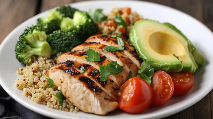 Nutrient-Rich DASH Diet Plate with Grilled Chicken, Quinoa, and Fresh Vegetables