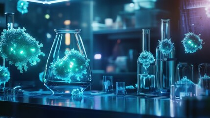 Lab research Virus cells in glassware, futuristic lab