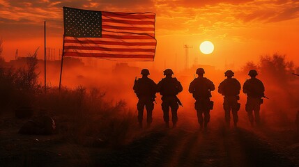 Silhouetted soldiers walk towards sunset with American flag.