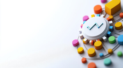 minimalistic design on white background featuring colorful geometric shapes and central graph icon, symbolizing data analysis and growth