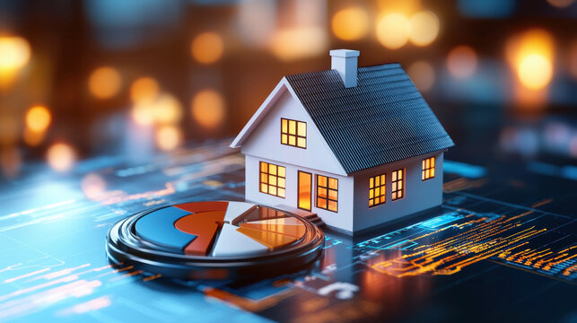 modern digital composition showcasing house model with pie chart, symbolizing real estate analysis and data visualization. scene conveys innovation and technology in housing