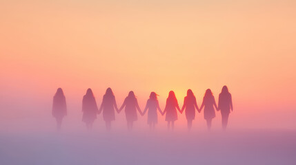 Silhouetted Group of Women Holding Hands Against Sunset in Misty Landscape