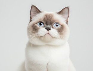 Full-body photograph of an exotic shorthair cat, blue point coloration with a white face and neck on a white background,