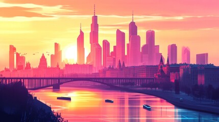 Obraz premium Cityscape at Sunset with a Bridge and River