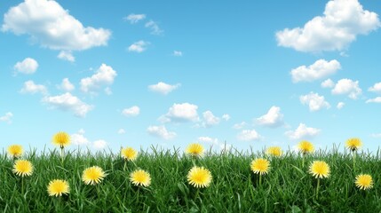 Fototapeta premium A bright field of yellow dandelions against a clear blue sky with fluffy clouds, creating a vibrant and cheerful natural scene.