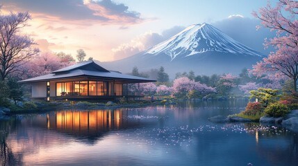 Fototapeta premium Japanese house, sunrise, Fuji mountain, cherry blossoms, tranquil pond, serenity, zen garden, calm, peaceful, postcard
