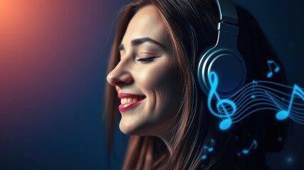 Young woman enjoying music with headphones on, smiling contently as musical notes swirl around her in a vibrant and colorful atmosphere, showcasing passion for sound