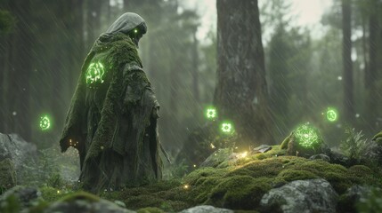 Enigmatic Forest Guardian: A Mystical Being in a Rain-Soaked Grove