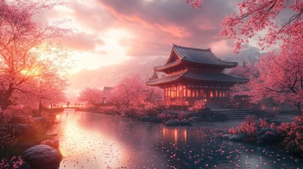 Fototapeta premium Sunrise Temple, Cherry Blossoms, Peaceful Asian Landscape, Calm River, Digital Art