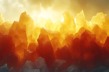 Glowing orange and yellow crystal mountain range at sunset.