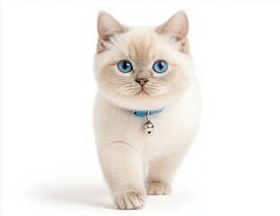 Fototapeta premium Full-body photograph of an exotic shorthair cat, blue point coloration with a white face and neck on a white background.
