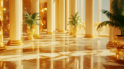 Golden Hallway With Marble Floor And Palm Plants