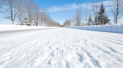 Obraz premium Snowy road, winter landscape, trees, clear sky, travel