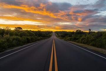 Naklejka premium Sunrise Highway: A peaceful road stretches into a vibrant sunrise.