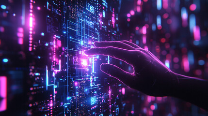 Hand interacting with glowing digital interface.