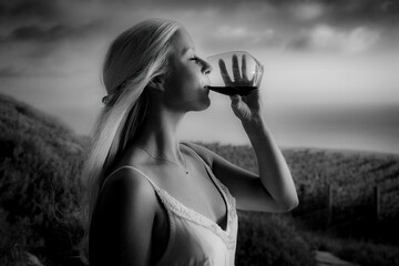 Monochrome black and white of young blond lady drinking a glass of red wine at a vineyard outdoors
