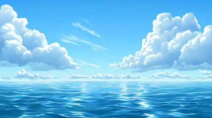 Vast blue ocean under a clear sky with fluffy white clouds
