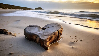 Heart-shaped piece of tree trunk washed ashore on a sandy beach sea photo background