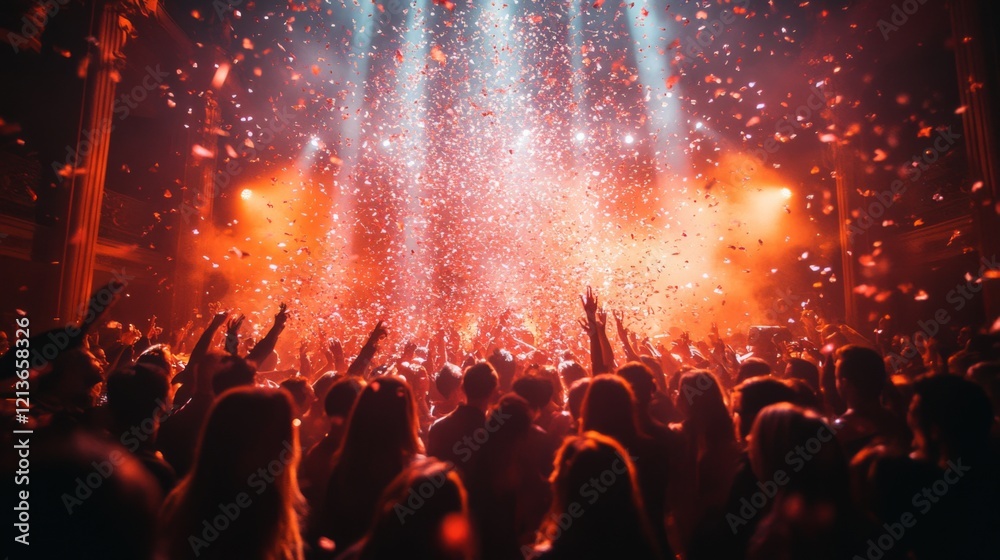 Aufkleber a dynamic crowd revels in the excitement of a concert as colorful confetti rains down from above, cr