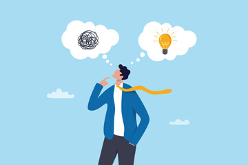Problem solving, solution or strategic thinking, creativity to solve frustrated problem, contemplation on messy issue, opportunity discovery, businessman thinking with mess problem and lightbulb idea.