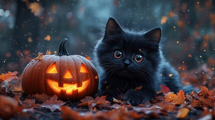 Cute Black Cat Resting by Pumpkin in Autumn Leaves Illustration Cozy Halloween Decoration