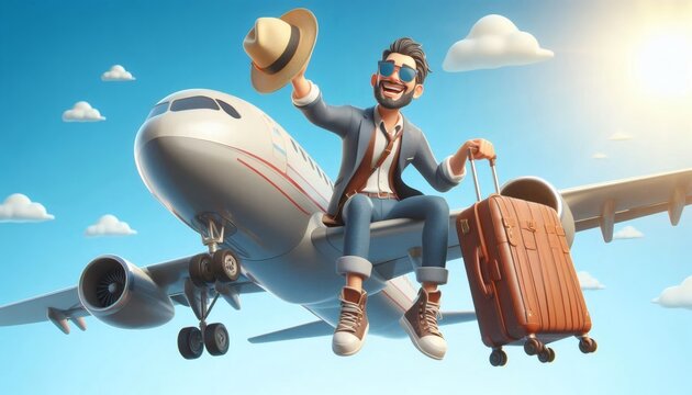 travel tourist tourism suitcase airplane sitting reckless appearance happy smiling adventure journey air travel cartoon