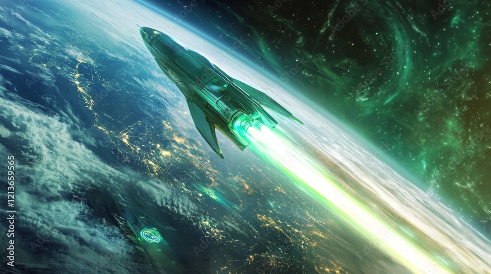 Fototapete A green spaceship with glowing engines travels through space above Earth. The spaceship is leaving a bright green trail behind it as it blasts off into the vast unknown.