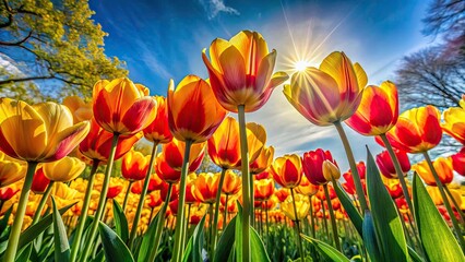 Obraz premium Spring Tulip Festival: Vibrant Yellow-Red Glade Tulips Blooming in Sunny Garden
