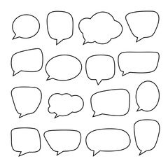 Obraz premium A set of different speech bubbles, hand-drawn, isolated on white, vector. An empty text field for a quote or message. Black and white graphic illustration with a line, outline of a design element 