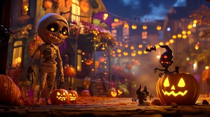 Whimsical Halloween celebration with animated mummy werewolf and zombie enjoying spooky music and lively fun