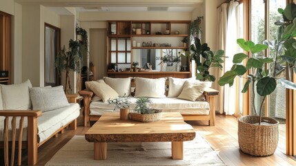Fototapeta premium Cozy home interior with natural wood furniture