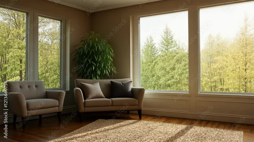 Poster a living room with a couch and two chairs. a potted plant is in the corner. a coffee table is in the
