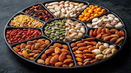 Obraz premium Assorted Nuts and Seeds in a Circular Tray