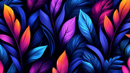 Vibrant Tropical Leaves: Neon Floral Pattern, Dark Background, Colorful Plants