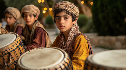Fototapeta premium Young boy with serious expression playing traditional drums.