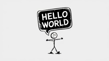 Happy stick figure welcomes the world with a speech bubble