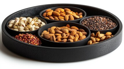 Assorted Nuts and Seeds in a Black Wooden Bowl