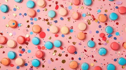 Colorful Macarons and Confetti on Pink Background