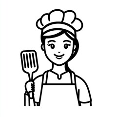 Cartoon chef woman holding spatula, simple illustration