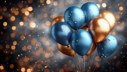 Birthday Celebration Background with Blue Gold Balloons Confetti and Soft Sunlight Illustration