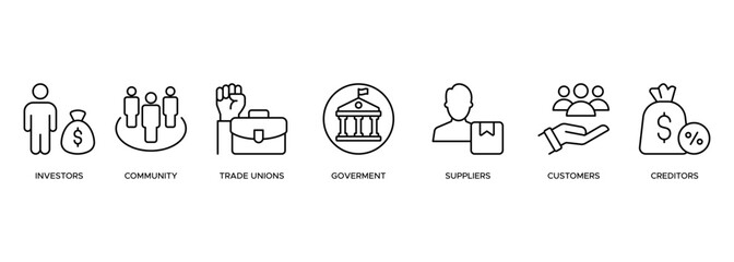 Stakeholder relationship banner web icon illustration concept for stakeholder, investor, government, and creditors with icon of community, trade unions, suppliers, and customers