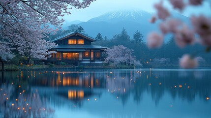 Fototapeta premium Japanese house, lake, cherry blossoms, mountain, dusk, lanterns, reflection, serenity, travel, postcard