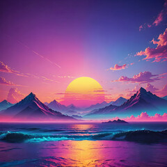 Fototapeta premium a sunset scene with mountains and waves in the ocean